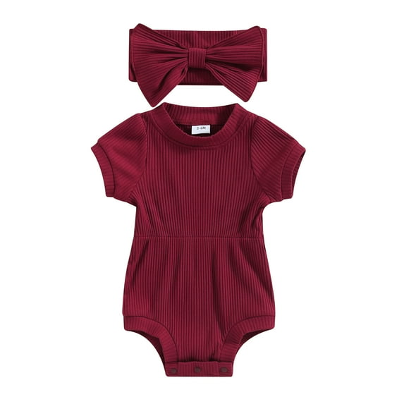 Musuos Baby Girls Summer Ribbed Jumpsuit 3M 6M 9M 12M 18M Short Sleeve Solid Color Romper with Bow Headband Casual Outfits