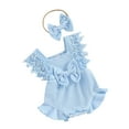 thumbnail image 1 of Musuos Baby Girls Summer Romper 0-18Months Infant Lace Sleeve Round Neck Ruffle Romper with Headband, 1 of 10