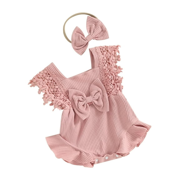 Musuos Baby Girls Summer Romper 0-18Months Infant Lace Sleeve Round Neck Ruffle Romper with Headband