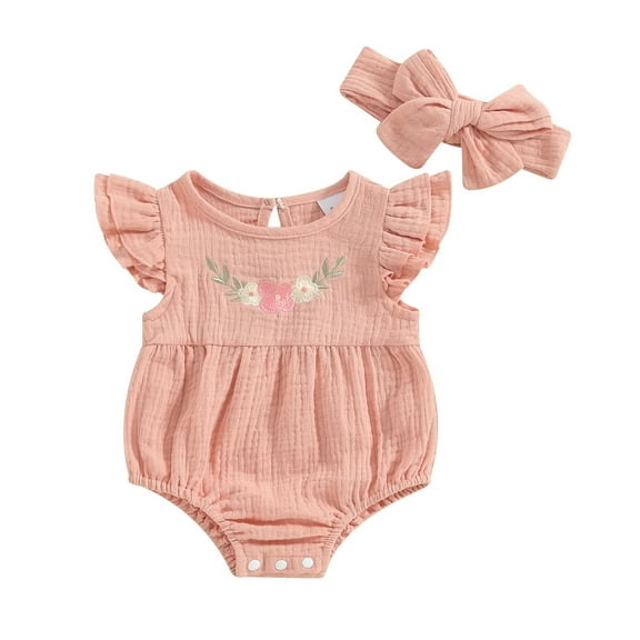Musuos Baby Girls Summer Romper 3M 6M 12M 18M Flower Embroidery Flying Sleeve Round Neck Jumpsuit with Bow Headband 2 Pcs Set