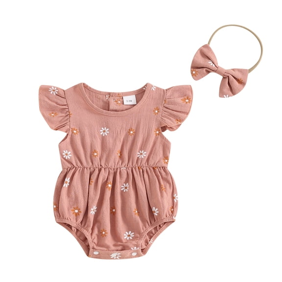 Musuos Baby Girls Summer Rompers 3M 6M 12M 18M Flying Sleeve Crew Neck Floral Bodysuit with Headband