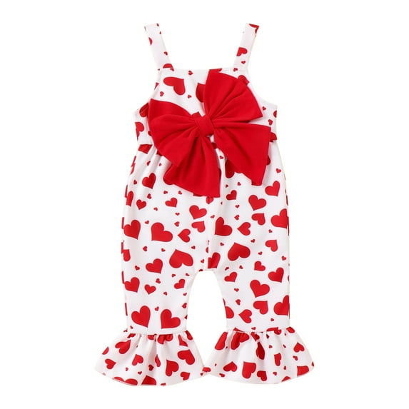 Musuos Baby Girls Valentine's Day Jumpsuit 3 6 9 12 18 24Months Red Bow Decorated Sleeveless Heart Print Suspender Pants Overalls
