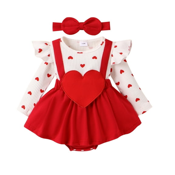 Musuos Baby Girls Valentine's Day Romper Dress 3 6 9 12 18M Long Sleeve Ruffle Heart Letter Print Romper with Headband