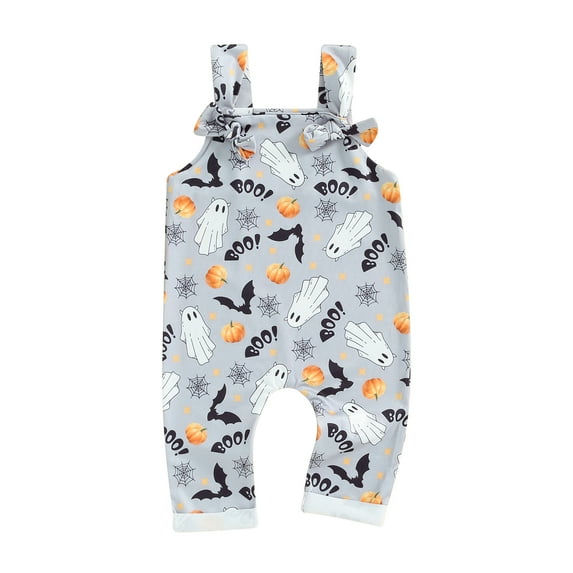 Musuos Baby Halloween Overalls Romper 0-18Months Ghost Cobweb Print Sleeveless Square Neck Hemming Legs Jumpsuits