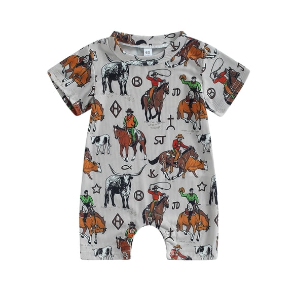 Musuos Baby Jumpsuit Western Clothes, 3 6 12 18M Summer Short Sleeve Crew Neck Cartoon Print Romper