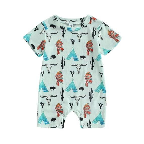 Musuos Baby Jumpsuit Western Clothes, 3 6 12 18M Summer Short Sleeve Crew Neck Cartoon Print Romper