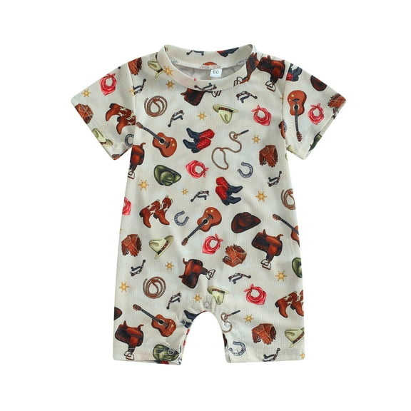 Musuos Baby Jumpsuit Western Clothes, 3 6 12 18M Summer Short Sleeve Crew Neck Cartoon Print Romper