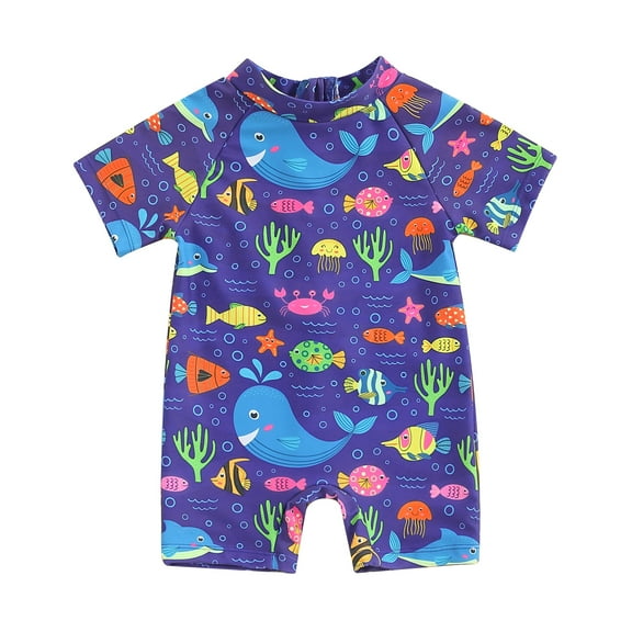 Musuos Baby Rash Guard Swimsuit 0-3T Cute Fish Print Short Sleeve Zip Up Bathing Suit Swimwear