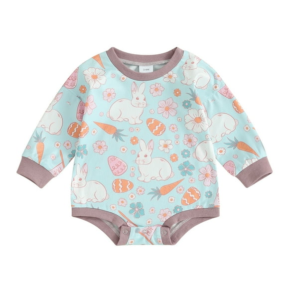 Musuos Baby Spring Fall Romper, 3M 6M 12M 18M Long Sleeve Crew Neck Bunny Flower Print Bodysuit Easter Clothes for Girls Boys