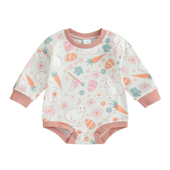 Musuos Baby Spring Fall Romper, 3M 6M 12M 18M Long Sleeve Crew Neck Bunny Flower Print Bodysuit Easter Clothes for Girls Boys