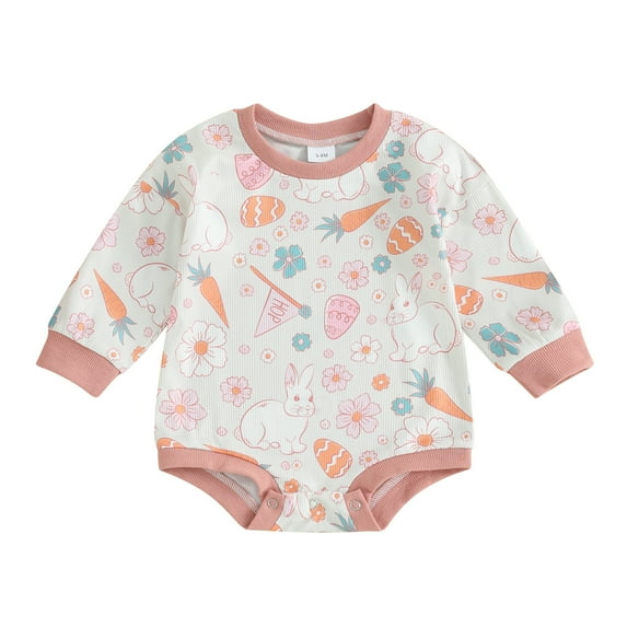Musuos Baby Spring Fall Romper, 3M 6M 12M 18M Long Sleeve Crew Neck Bunny Flower Print Bodysuit Easter Clothes for Girls Boys