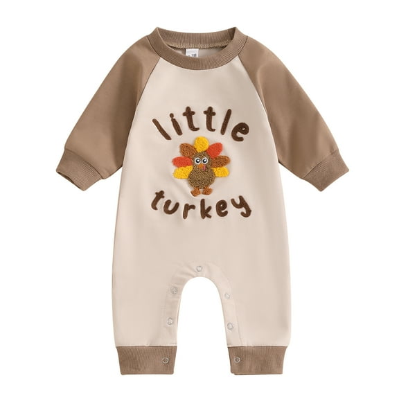 Musuos Baby Thanksgiving Full Length Jumpsuit 0-18Months Turkey Embroidery Long Sleeves Round Neck Romper