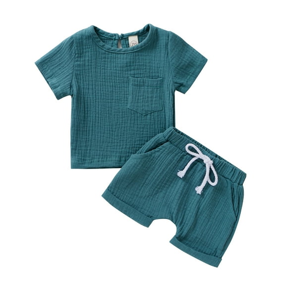 Musuos Baby´s Solid Color Cotton Linen 2Pcs Suit, 0-4T Short Sleeve Round Neck T-shirt with Elasctic Shorts for Daily