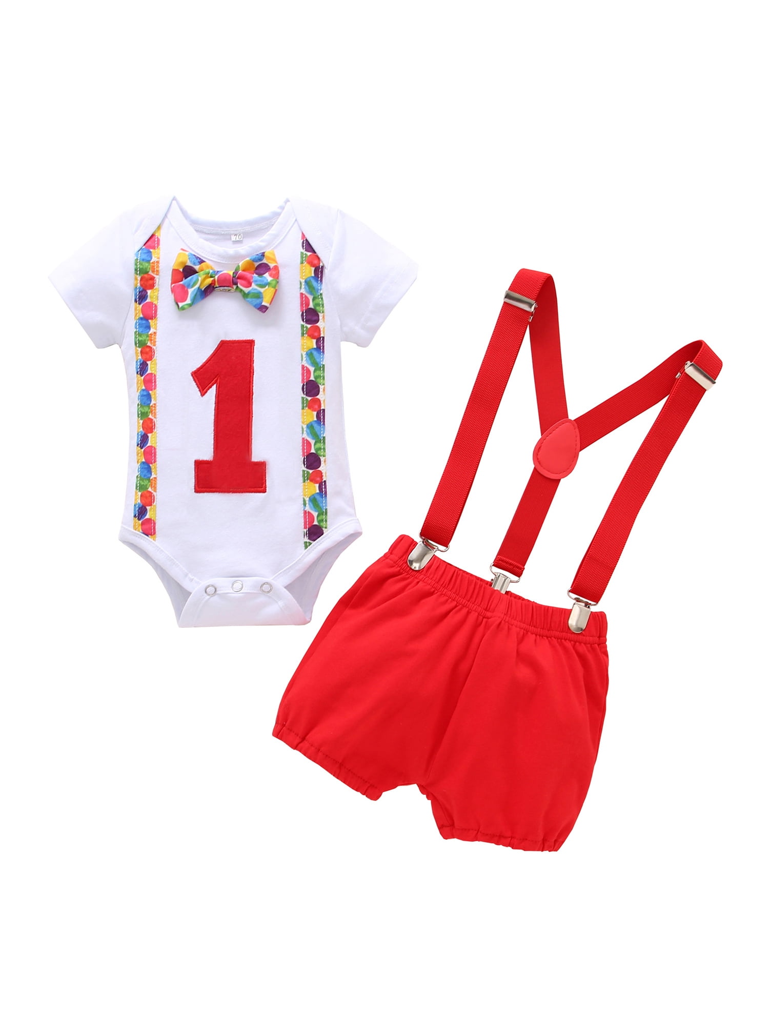 Musuos Boy 1st Birthday Outfit One Year Old Clothes Bowtie Romper Suspenders Ripped Denim Pants Set