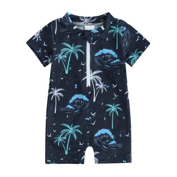 Musuos Boys Rash Guard Swimsuit Rompers 0-6Years Zipper Short Sleeve Tree Print Bathing Suit for Toddler Kids Baby Swimwear