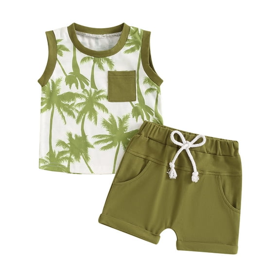 Musuos Boys Summer Vacation Summer Outfit 6 12 18 24M 3 4Y Sleeveless Tropical Tree Print Tank Tops Solid Color Elastic Shorts Sets