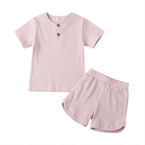 Musuos Children Solid Color Set, 1-6T Boy Girl Short Sleeve Button Tops and Short Pants 2-piece Suits