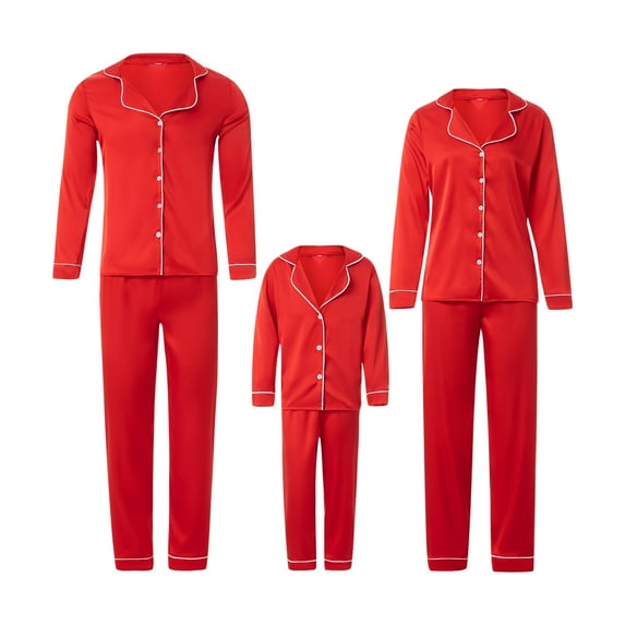 Musuos Christmas Pajamas for Family, Red Satin Silk Button Front Sleepwear Parent-Child Holiday Pjs