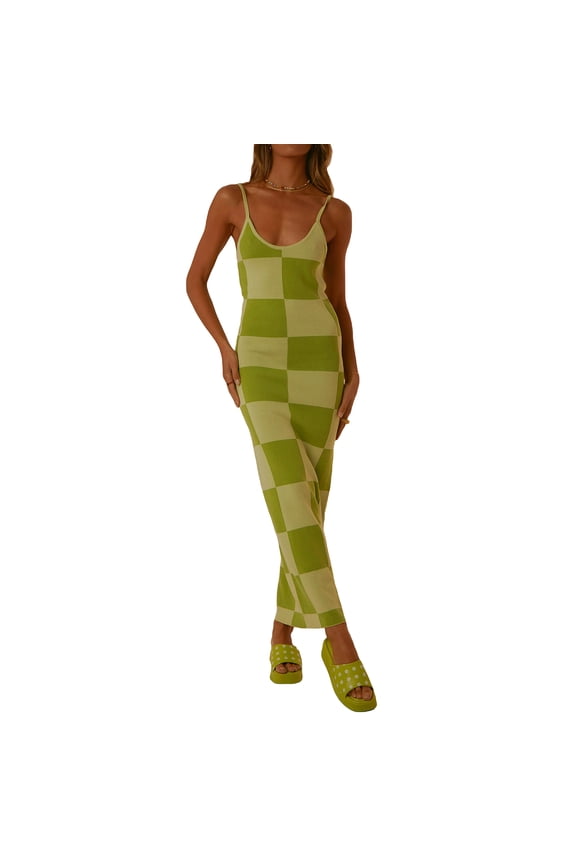 Female Slip Dress, Checkerboard Print Sleeveless Spaghetti Strap Low-Cut Backless One-Piece for Summer
