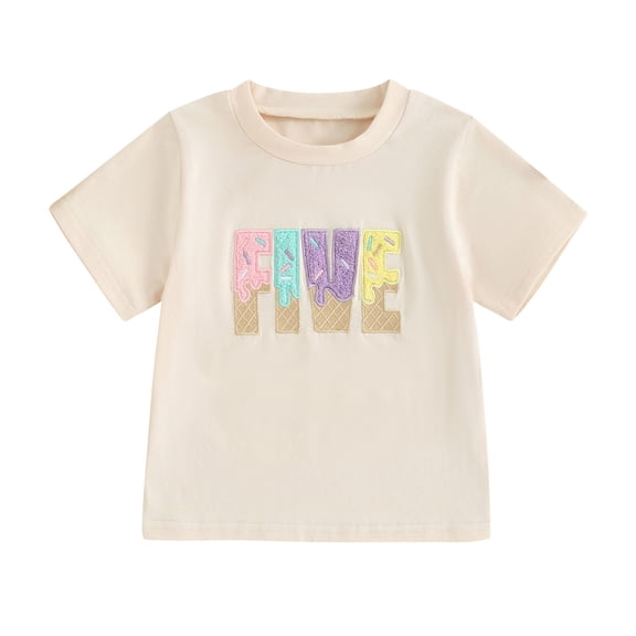 Musuos Girl's Birthday Tops Casual Crew Neck Short Sleeve Letter Embroidery T-Shirt Toddler Girl Summer Clothes, 1-6 Years