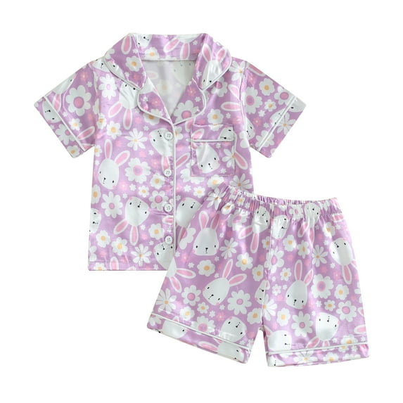 Musuos Girls Satin Pajama Set, 1-5T Lapel Neck Short Sleeve Rabbit Print Tops + Elastic Waist Shorts Toddler Easter 2 Piece Sleepwear Outfit