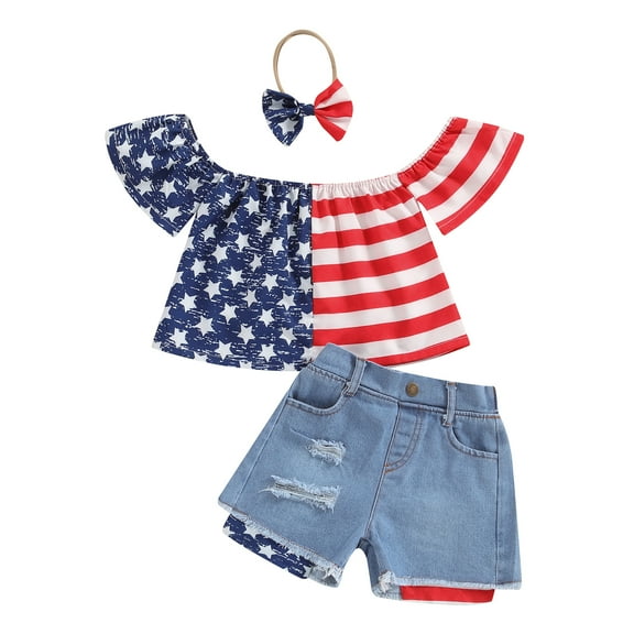 Musuos Independence Day Kids Girls Summer Outfit, 1-5 Years Off-shoulder T-shirt with Patchwork Denim Shorts Headband 4th of July Clothing