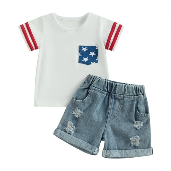 Musuos Independence Day Toddler Baby Outfits 6M 12M 18M 24M 3Y 4Y Short Sleeve T-shirt and Elastic Ripped Denim Shorts Set for Girls Boys