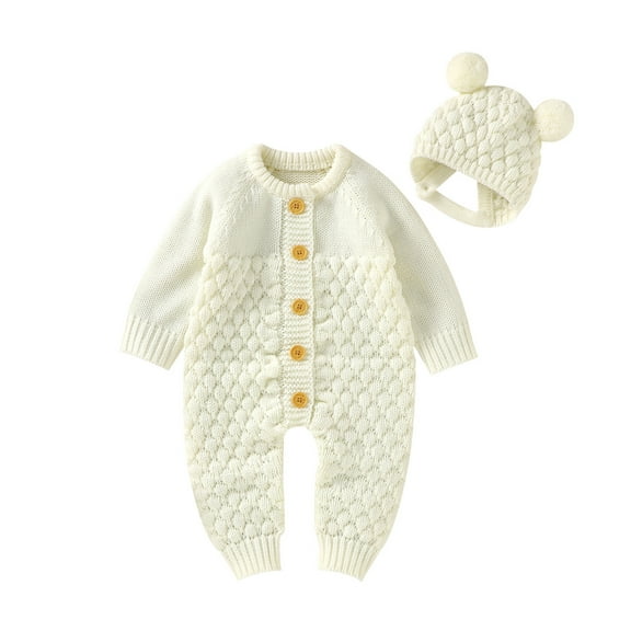 Musuos Infant Baby 2PCS Winter Outfits, 3 6 12 18M Long Sleeve Solid Color Knitted Romper   Bear Hat Set