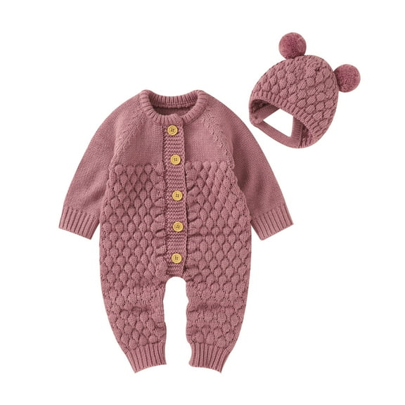 Musuos Infant Baby 2PCS Winter Outfits, 3 6 12 18M Long Sleeve Solid Color Knitted Romper   Bear Hat Set