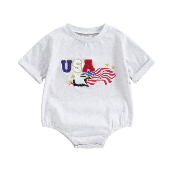 Musuos Infant Baby 4th of July Romper 3M 6M 12M 18M Letter Star Embroidery Round Neck Short Sleeve Bodysuit Summer Jumpsuit for Boys Girls