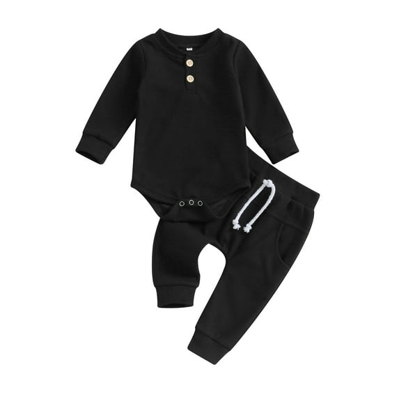 Musuos Infant Baby Boy Waffle Jumpsuit Outfits 3 6 9 12M Solid Color Long Sleeve Romper with Elastic Waist Pants