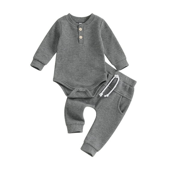 Musuos Infant Baby Boy Waffle Jumpsuit Outfits 3 6 9 12M Solid Color Long Sleeve Romper with Elastic Waist Pants