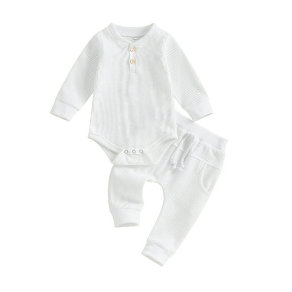Musuos Infant Baby Boy Waffle Jumpsuit Outfits 3 6 9 12M Solid Color Long Sleeve Romper with Elastic Waist Pants