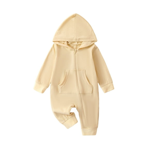 Musuos Infant Baby Fall Romper 0-24M Solid Colors Long Sleeve Zipper Hoodie Jumpsuit with Pocket Newborn Clothes for Boys Girls