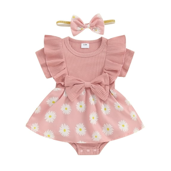 Musuos Infant Baby Girl Cute Romper Dress 3 6 9 12 18Months Daisy Print Short Sleeve Round Neck Jumpsuit with Bow Headband