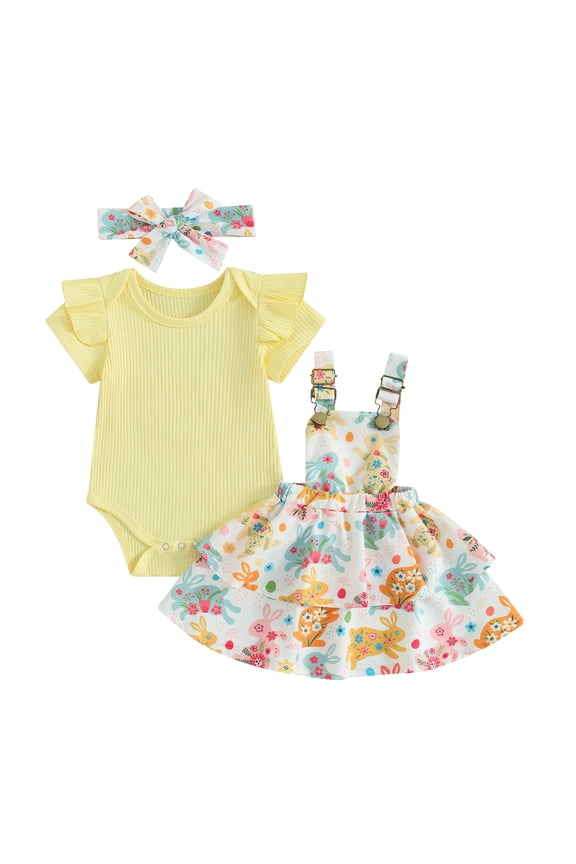 Infant Baby Girl Easter 3Pcs Outfit 3 6 12 18 24M Solid Ribbed Short Sleeve Romper with Suspender Skirt and Headband Set