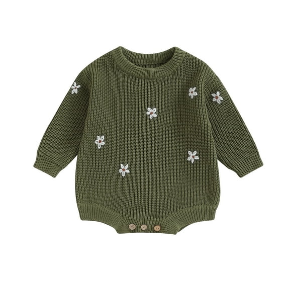 Musuos Infant Baby Girl Knitting Jumpsuit 3 6 9 12 24M Flower Embroidery Long Sleeve Round Neck Romper for Fall Winter