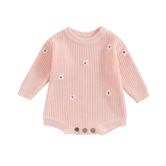 Musuos Infant Baby Girl Knitting Jumpsuit 3 6 9 12 24M Flower Embroidery Long Sleeve Round Neck Romper for Fall Winter