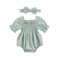 thumbnail image 1 of Musuos Infant Baby Girl Summer Jumpsuit 0-18Months  Solid Color Short Sleeve Square Neck Shirred Romper with Bow Headband, 1 of 10