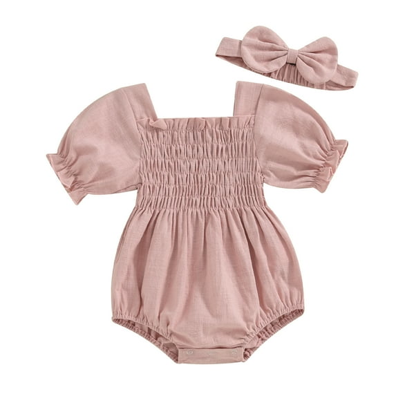 Musuos Infant Baby Girl Summer Jumpsuit 0-18Months Solid Color Short Sleeve Square Neck Shirred Romper with Bow Headband