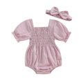 thumbnail image 1 of Musuos Infant Baby Girl Summer Jumpsuit 0-18Months  Solid Color Short Sleeve Square Neck Shirred Romper with Bow Headband, 1 of 10