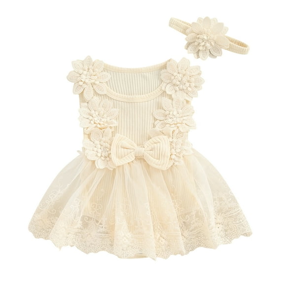 Musuos Infant Baby Girl Summer Romper Dress 0-24M Sleeveless Round Neck Tulle Patchwork Lace Floral Jumpsuit with Headband