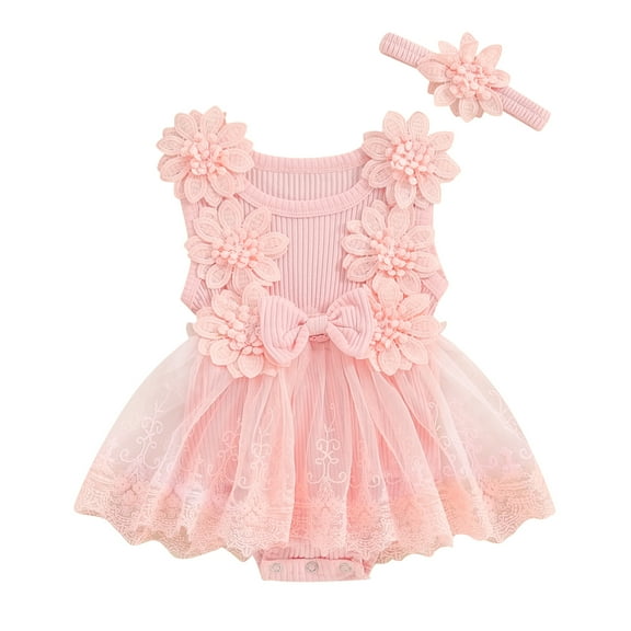 Musuos Infant Baby Girl Summer Romper Dress 0-24M Sleeveless Round Neck Tulle Patchwork Lace Floral Jumpsuit with Headband