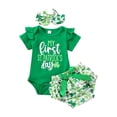thumbnail image 1 of Musuos Infant Baby Girls 3 Pieces Outfit, 3 6 12 18M Letter Print Ruffles Short Sleeve Romper + Clover Print Shorts + Headband Set, 1 of 10