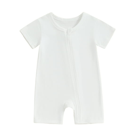 Musuos Infant Baby Summer Basic Romper 0-24 Months Solid Color Short Sleeve Round Neck Zip Up Jumpsuit Casual Clothes