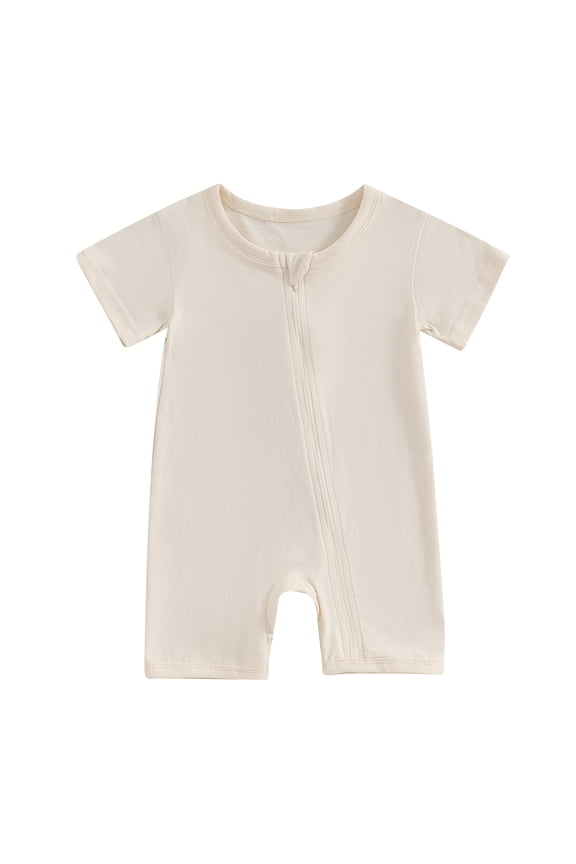 Infant Baby Summer Basic Romper 0-24 Months Solid Color Short Sleeve Round Neck Zip Up Jumpsuit Casual Clothes