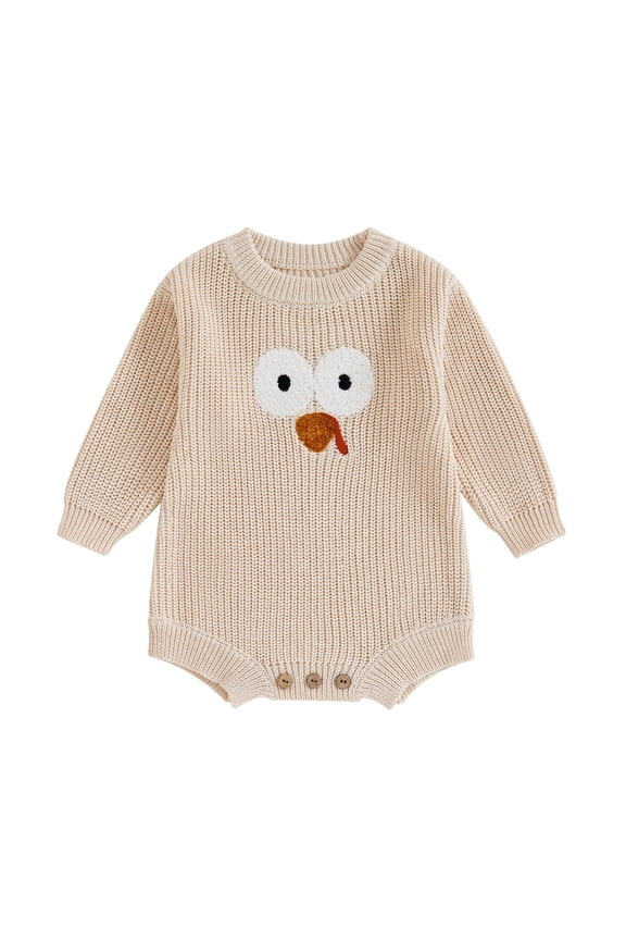 Infant Baby Thanksgiving Knit Romper 3M-24M Turkey Embroidery Long Sleeves Round Neck Sweater Jumpsuit