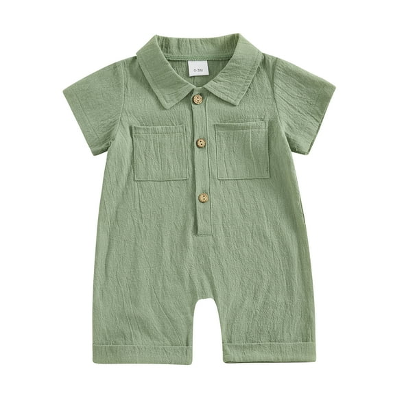 Musuos Infant Boy Cotton Linen Jumpsuit 3 6 12 18M Solid Color Lapel Short Sleeve Front Button Romper Baby Clothes