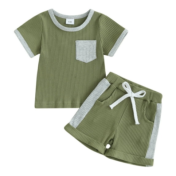 Musuos Infant Boys Summer Clothes Outfits 6 12 18 24M 3T Patchwork Ribbed Crew Neck Short Sleeve T-Shirts and Elastic Waist Shorts Suit