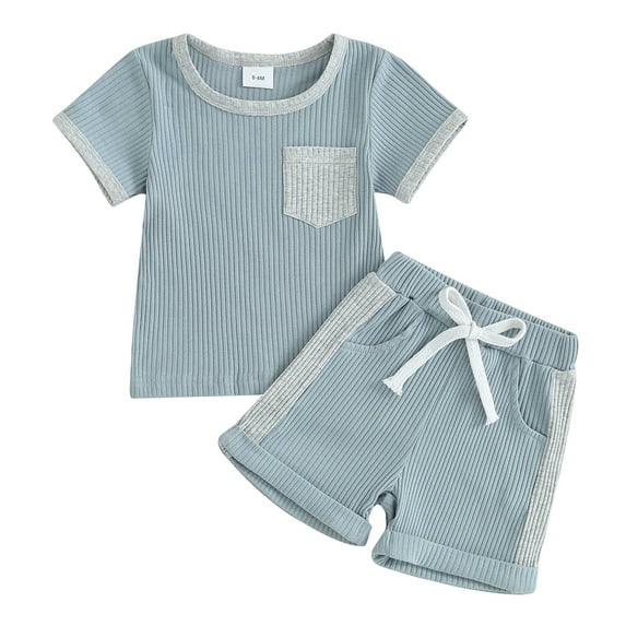 Musuos Infant Boys Summer Clothes Outfits 6 12 18 24M 3T Patchwork Ribbed Crew Neck Short Sleeve T-Shirts and Elastic Waist Shorts Suit